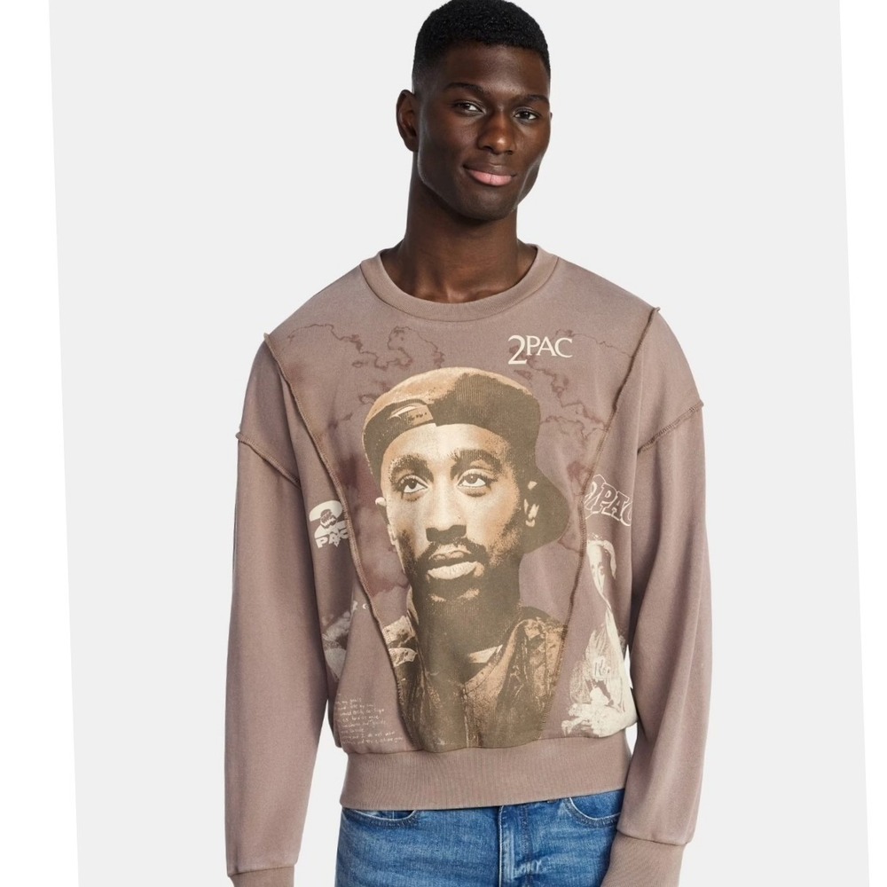 2Pac Shakur Graphic Sweatshirt Mens Small Brown Exposed Seams Hip Hop Crewneck